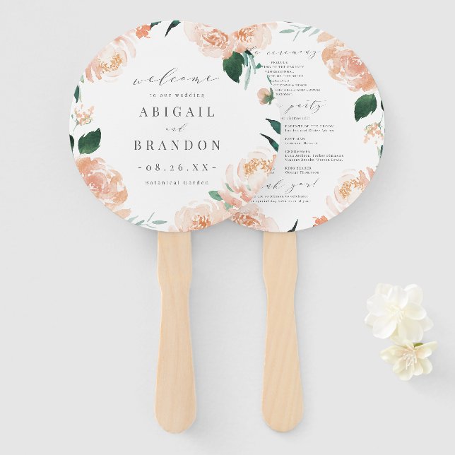 Romantic garden peach floral wedding program hand fan (Front and Back)