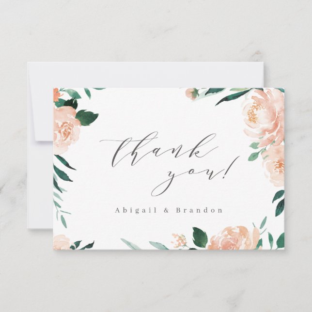 Romantic garden peach floral wedding thank you card (Front)