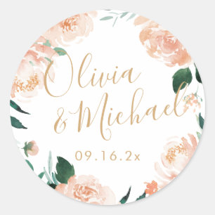 Romantic garden peach watercolor floral wedding classic round sticker