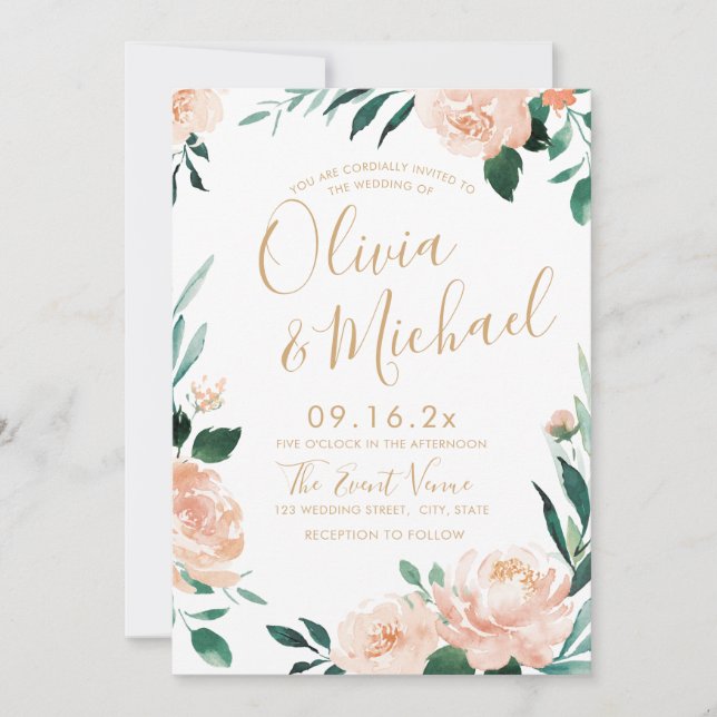 Romantic garden peach watercolor floral wedding invitation (Front)