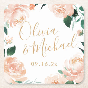 Romantic garden peach watercolor floral wedding square paper coaster
