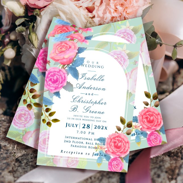 Romantic Garden Rose Wedding Invitation (Elegant Vintage Rose Arch Wedding Invitation.)