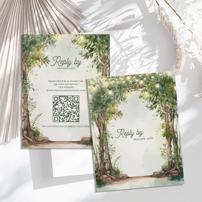 Romantic Garden String Lights QR Code Wedding  RSVP Card (Romantic Garden String Lights QR Code Wedding RSVP Card | Rustic Outdoor Wedding Response Card)