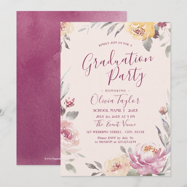 Romantic garden watercolor floral graduation party invitation (Front/Back)
