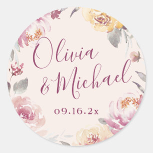 Romantic garden watercolor floral wedding classic round sticker