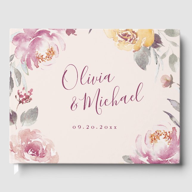 Romantic garden watercolor floral wedding guest book (Front)