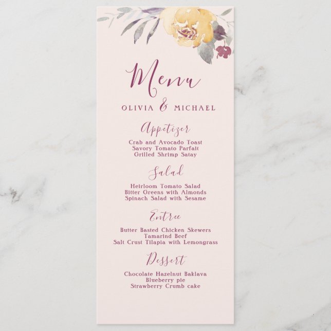 Romantic garden watercolor floral wedding menu (Front)