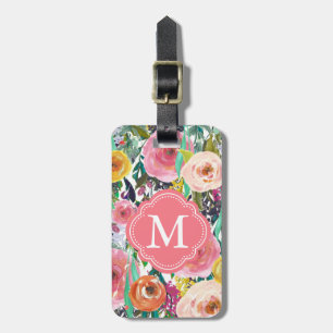 Romantic Garden Watercolor Flowers Monogram Luggage Tag