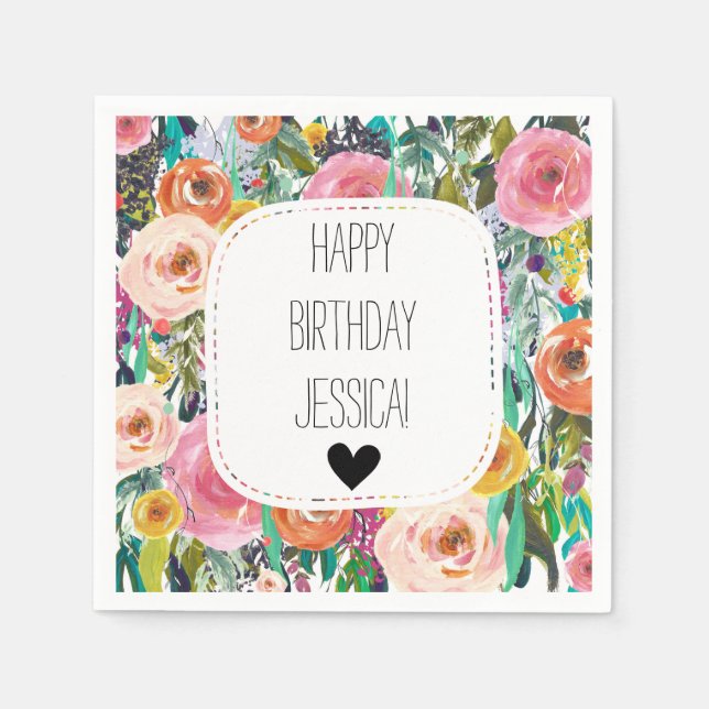 Romantic Garden Watercolor Flowers Napkin (Front)