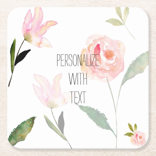Romantic Garden Watercolor Flowers Square Paper Coaster (Front)