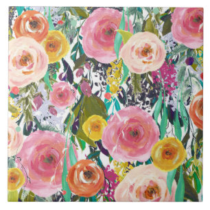 Romantic Garden Watercolor Flowers Tile