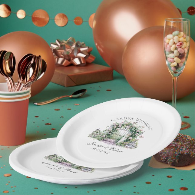 Romantic Garden Wedding Floral Arch Fountain Paper Plate (Multi)