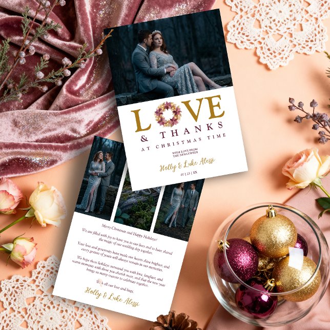 Romantic Garland Love Quote Collage Wedding  Holiday Card (Romantic Garland Love Quote Collage Wedding 4-Photo Christmas Holiday Cards for First Christmas.)