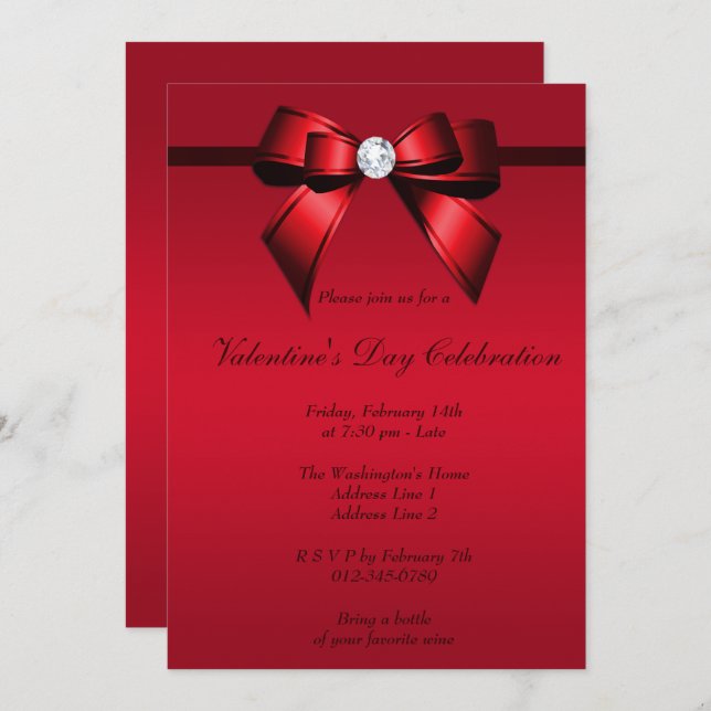 Romantic Gem Bow & Ribbon Valentine's Day Party Invitation (Front/Back)