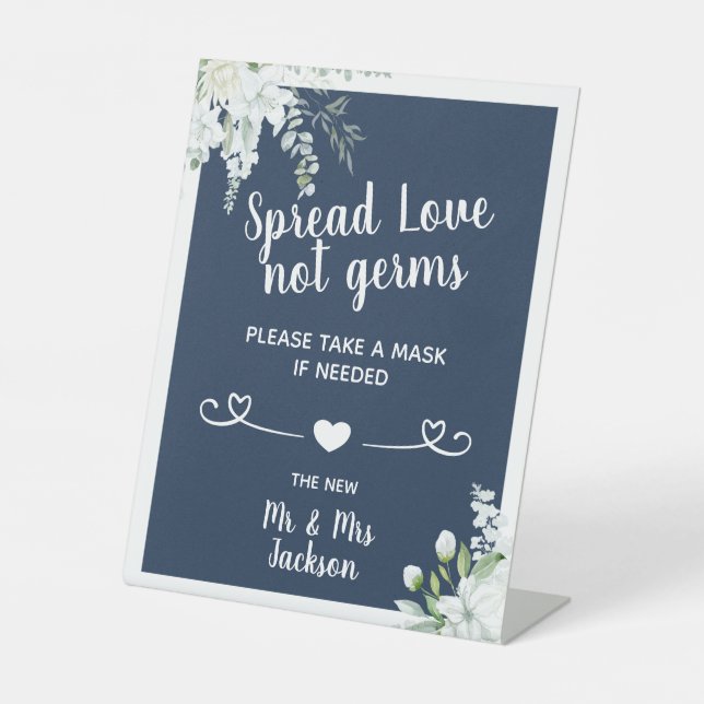 Romantic gentle flowers wedding covid safety mask pedestal sign (Front)