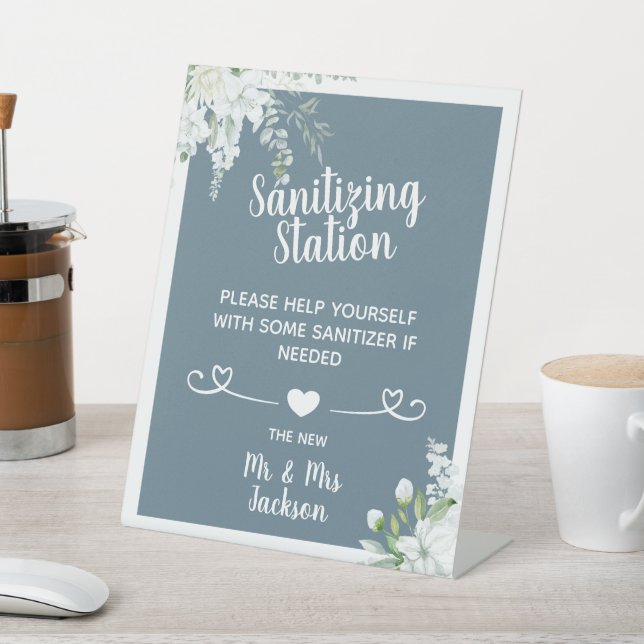 Romantic gentle flowers wedding covid sanitising p pedestal sign (In SItu)