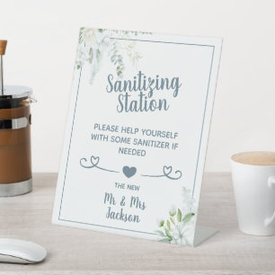 Romantic gentle flowers wedding covid sanitising p pedestal sign