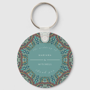 Romantic Geometric Mandala soft blue gray and red Key Ring