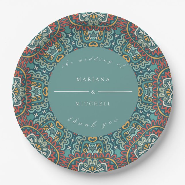 Romantic Geometric Mandala soft blue grey and red Paper Plate (Front)