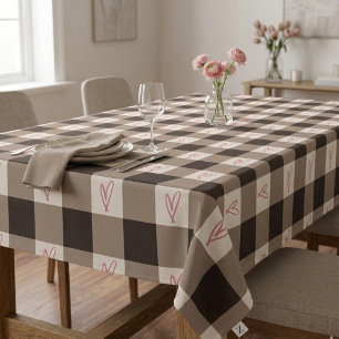 Romantic Gingham Plaid and Pink Heart Buffalo Tablecloth