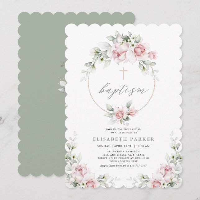 Romantic Girl Baptism Floral Pink Invitation (Front/Back)