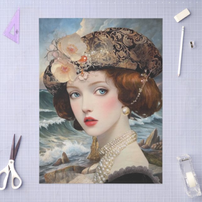 Romantic Girl Flowers Stormy Ocean Scene Tissue Paper (Craft)