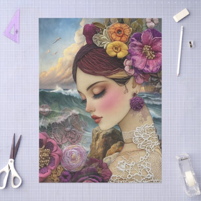 Romantic Girl Flowers Stormy Ocean Scene Tissue Paper (Craft)