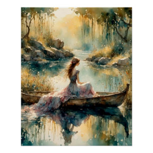 Romantic Girl in wooden boat on Lake Poster
