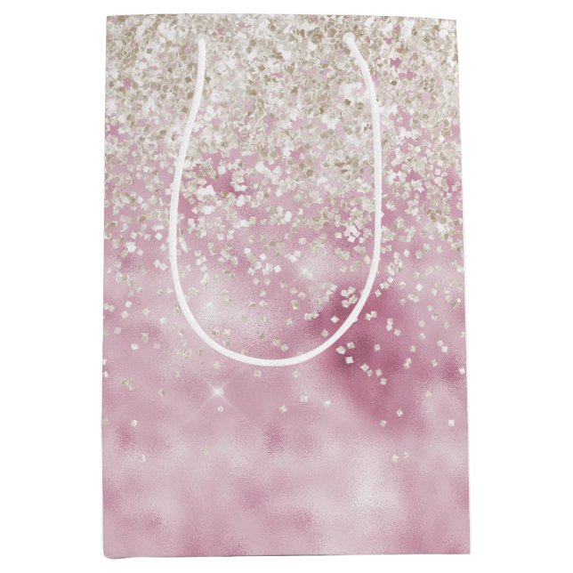 Romantic Glam Pink White Glitter Sparkle Medium Gift Bag (Front)