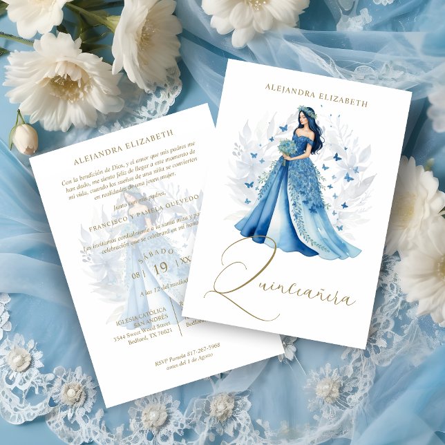 Romantic Glam Spanish Quinceañera Blue Shades Invitation (Romantic Glam Spanish Quinceañera Blue Shades Invitation Card.)