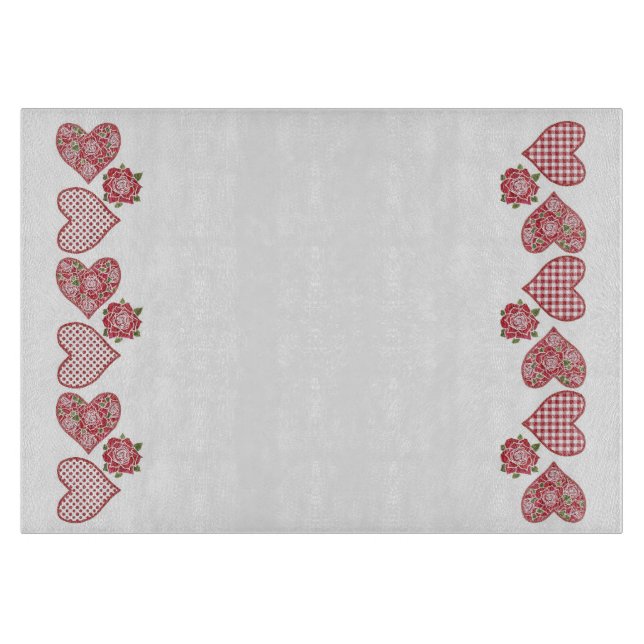 Romantic Glass Cutting Board: Hearts and Red Roses Board (Front)