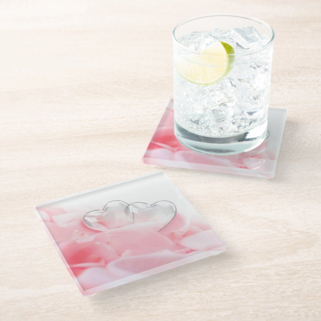 Romantic Glass Hearts Rose Petals Glass Coaster (Angled)