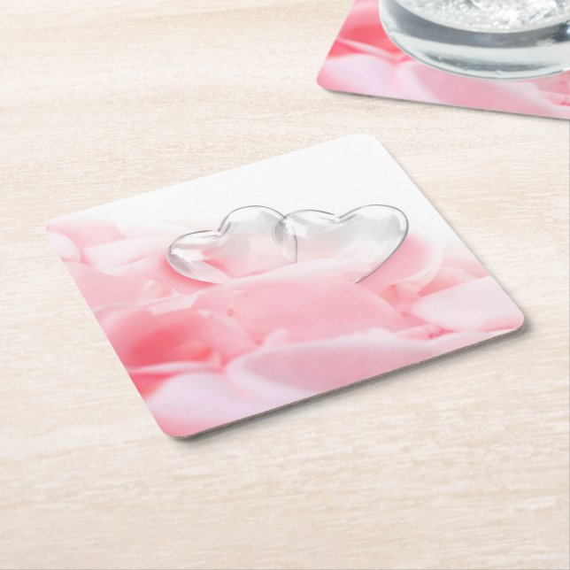 Romantic Glass Hearts Rose Petals Square Paper Coaster (Angled)