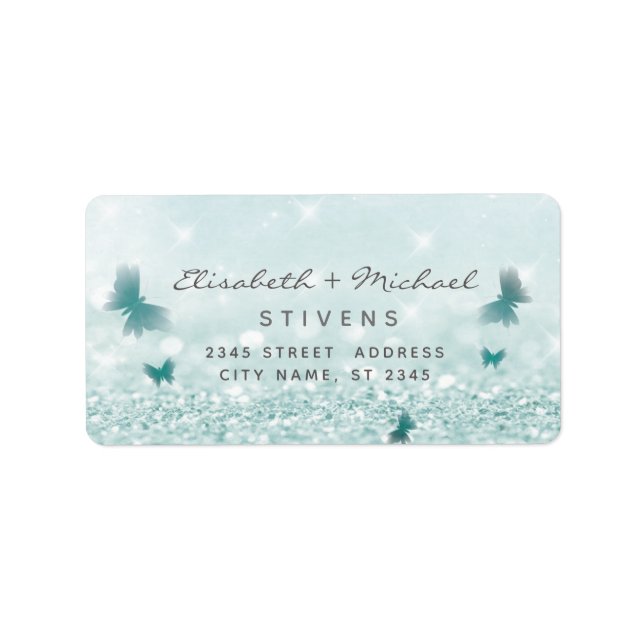 Romantic glittery butterfly script wedding label (Front)