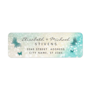Romantic glittery butterfly script wedding label