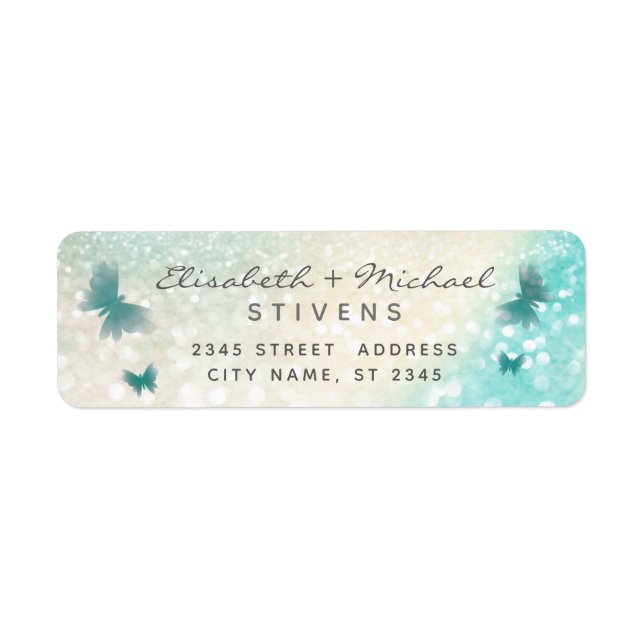 Romantic glittery butterfly script wedding label (Front)