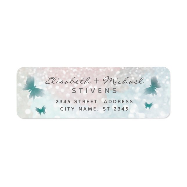 Romantic glittery butterfly script wedding label (Front)