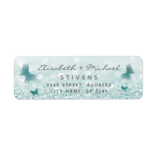 Romantic glittery butterfly script wedding label