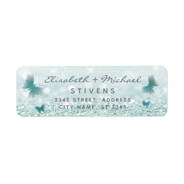 Romantic glittery butterfly script wedding label (Front)