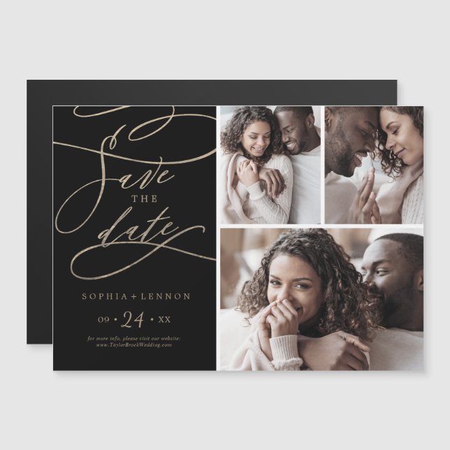 Romantic Gold and Black 3 Photo Save the Date Magnetic Invitation (Front/Back)
