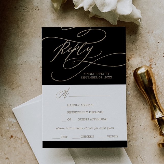 Romantic Gold and Black Menu Choice RSVP Card (Creator Uploaded)