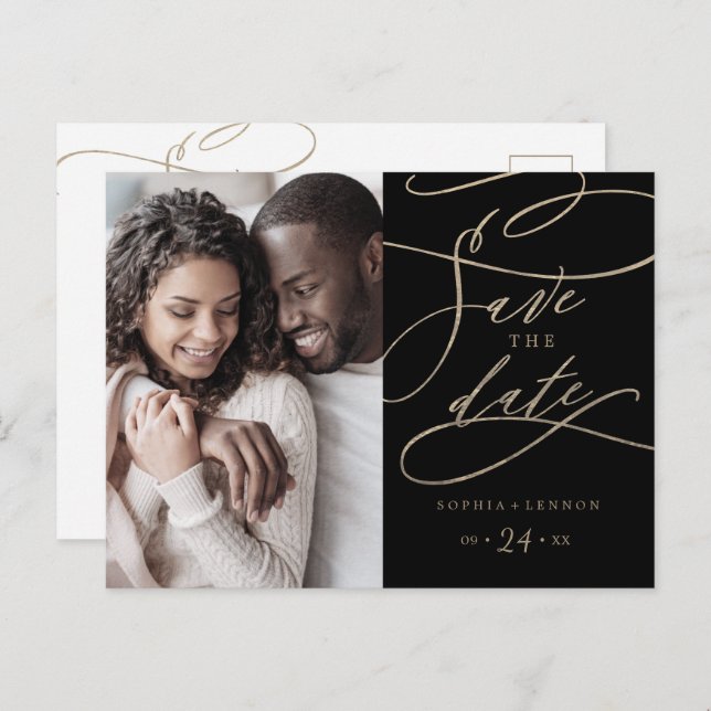 Romantic Gold and Black Photo Save the Date Invitation Postcard (Front/Back)