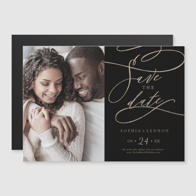 Romantic Gold and Black Photo Save the Date Magnetic Invitation (Front/Back)