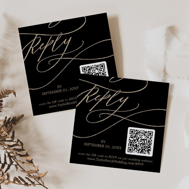 Romantic Gold and Black QR Code Wedding RSVP Enclosure Card (Creator Uploaded)