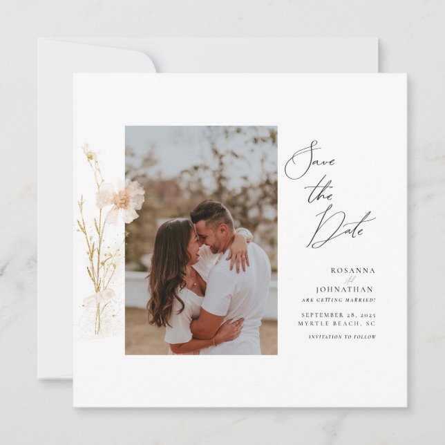 Romantic Gold and Blush Pressed Flowers Photo Invitation (Front)