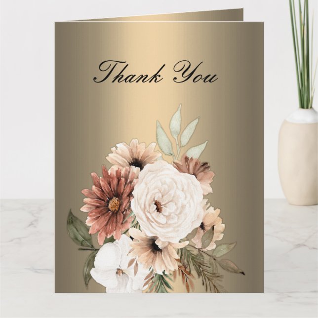 Romantic Gold and Boho Wildflowers Wedding Thank You Card (Front)