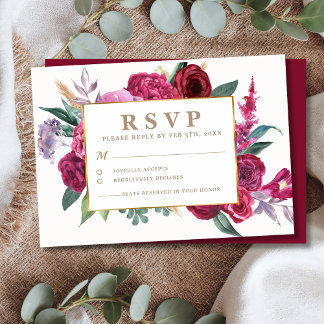 Romantic gold and Maroon Watercolor Floral Wedding RSVP Card