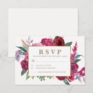 Romantic gold and Maroon Watercolor Floral Wedding RSVP Card