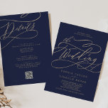 Romantic Gold and Navy All In One QR Code Wedding Invitation<br><div class="desc">This romantic gold and navy all in one QR code wedding invitation is perfect for a simple wedding. The modern classic design features fancy swirls and whimsical flourishes with gorgeous elegant hand lettered faux champagne gold foil typography. Save paper by including the details on the back of the wedding invitation...</div>