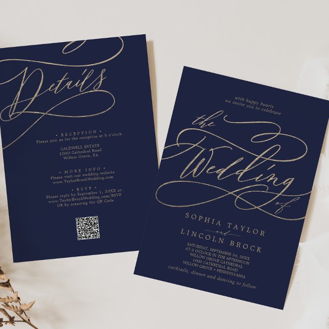Romantic Gold and Navy All In One QR Code Wedding Invitation (Creator Uploaded)